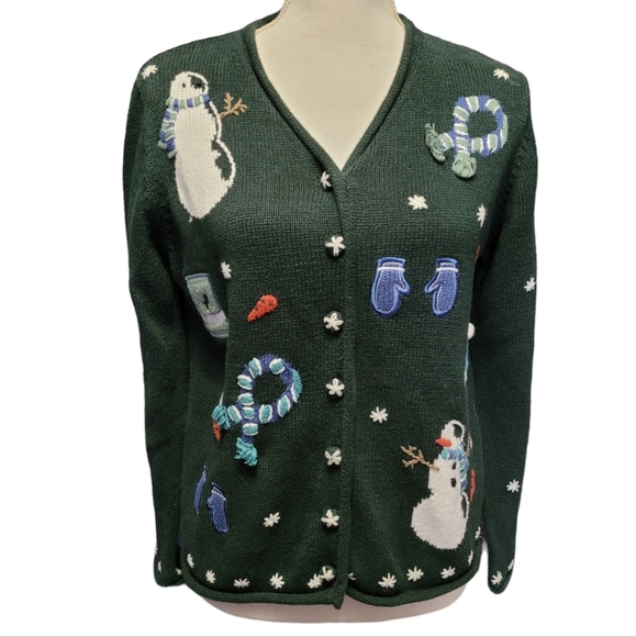 ☃️Vintage 1990s Y2K Christopher & Banks green holiday Christmas cardigan sweater - Picture 1 of 8